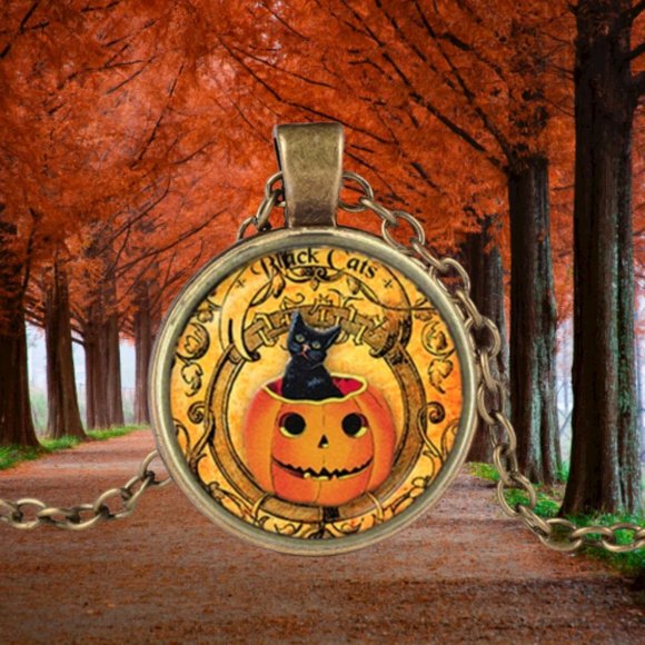 Black Cat / Pumpkin / Fall / Halloween / Pendant Necklace - Picture 10 of 11